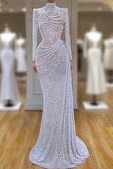 Long Sleeve White Sequin Pleated Long Evening Prom Dress