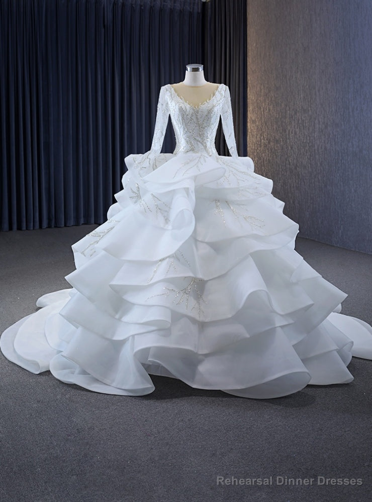 Long Sleeve White Tiers Sequins Wedding Dress Main image