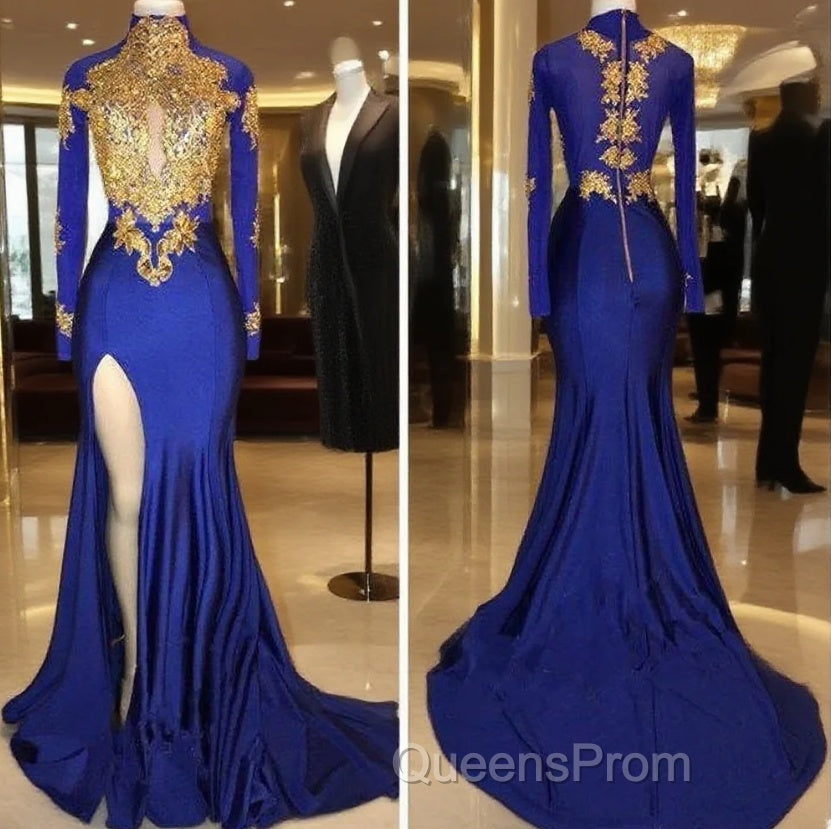 Long Sleeves Blue Gold Evening Prom Dress Side Slit Evening Gowns Main image