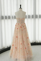 Long Sleeves Champagne Lace Floral Long Evening Prom Dress, Long Sleeves Champagne Lace Floral Formal Evening Dress