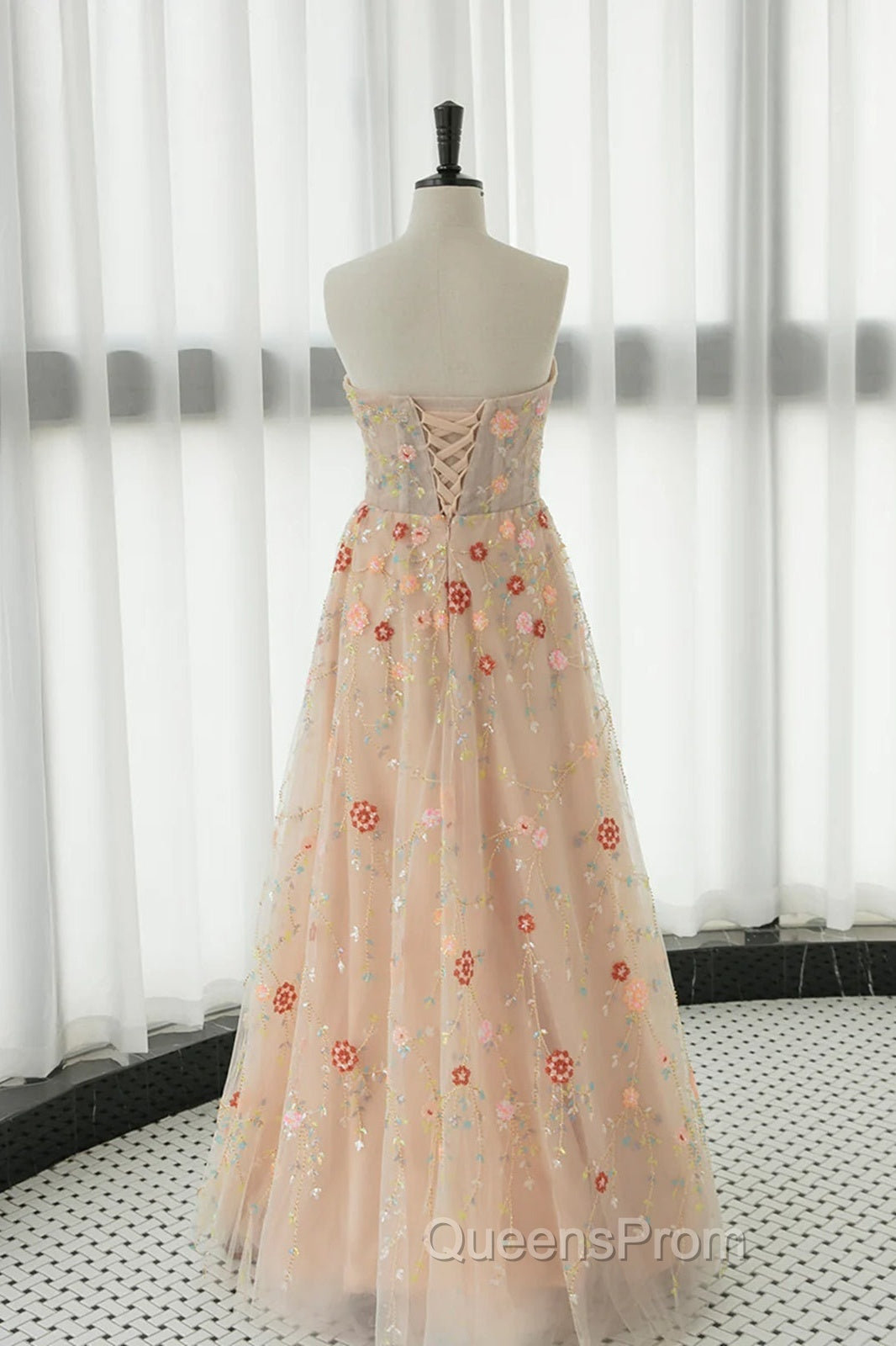 Long Sleeves Champagne Lace Floral Long Evening Prom Dress, Long Sleeves Champagne Lace Floral Formal Evening Dress