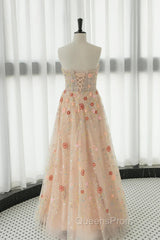 Long Sleeves Champagne Lace Floral Long Evening Prom Dress, Long Sleeves Champagne Lace Floral Formal Evening Dress