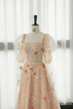 Long Sleeves Champagne Lace Floral Long Evening Prom Dress, Long Sleeves Champagne Lace Floral Formal Evening Dress
