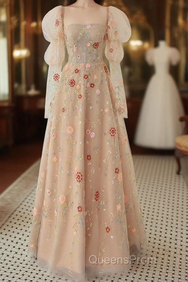 Long Sleeves Champagne Lace Floral Long Evening Prom Dress, Long Sleeves Champagne Lace Floral Formal Evening Dress Main image