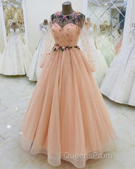 Long Sleeves Evening Dress Tulle Flowers Beaded