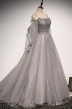 Grey Shiny Elegant Long Sleeves Long Tulle Classy Prom Dress Classy Dress Classy Evening Gown Graduation Dress