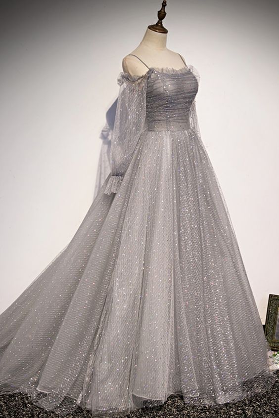 Grey Shiny Elegant Long Sleeves Long Tulle Classy Prom Dress Classy Dress Classy Evening Gown Graduation Dress