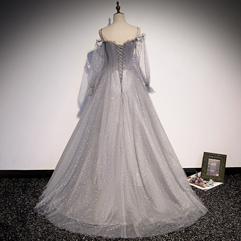 Grey Shiny Elegant Long Sleeves Long Tulle Classy Prom Dress Classy Dress Classy Evening Gown Graduation Dress
