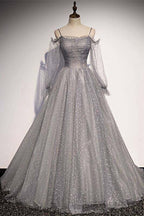 Grey Shiny Elegant Long Sleeves Long Tulle Classy Prom Dress Classy Dress Classy Evening Gown Graduation Dress