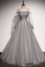 Grey Shiny Elegant Long Sleeves Long Tulle Classy Prom Dress Classy Dress Classy Evening Gown Graduation Dress