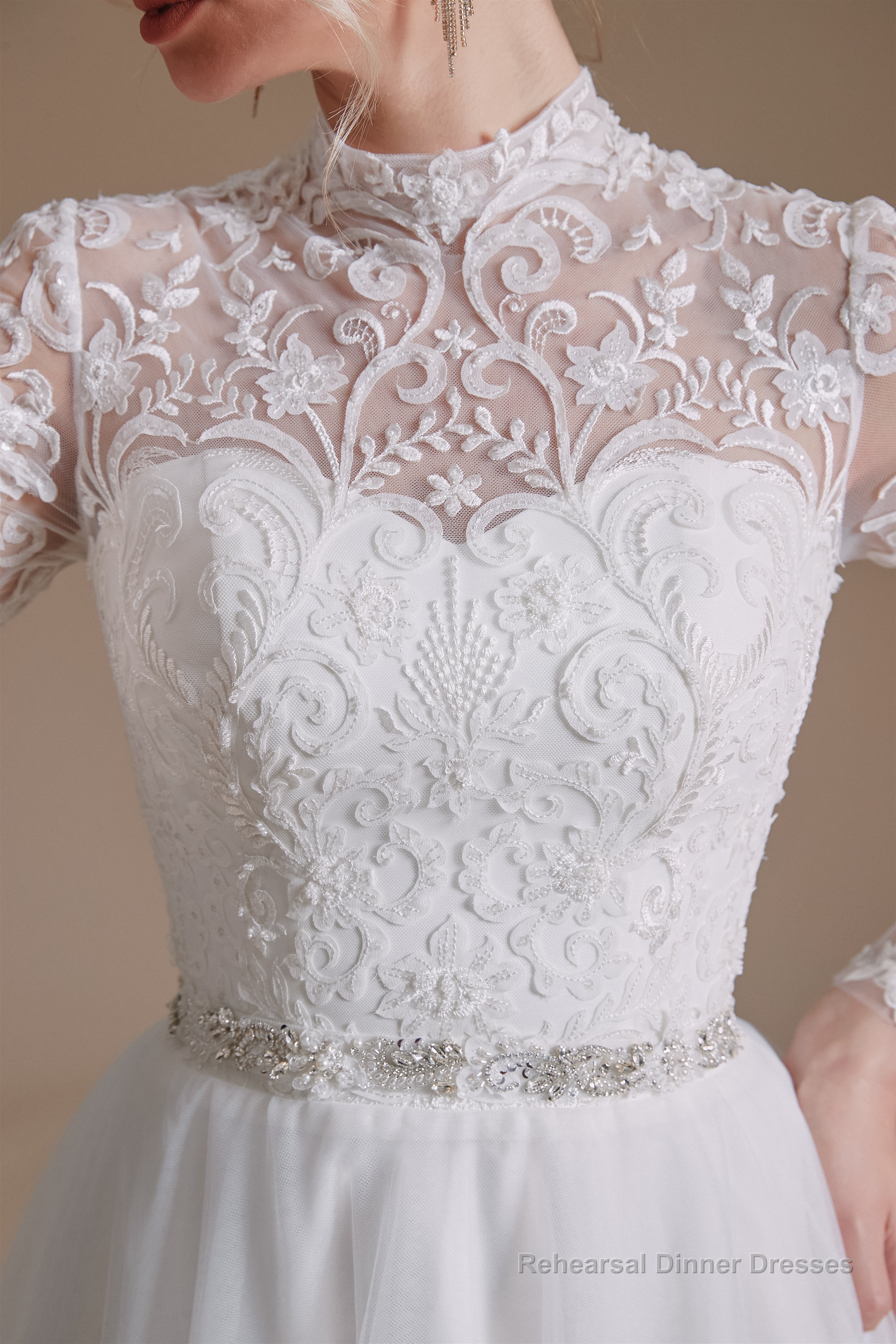 Long Sleeves High Neck with Tulle Train Full A-Line Wedding Dresses Secondary image