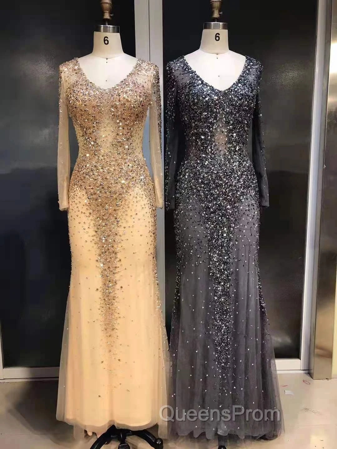 Long Sleeves Mermaid Crystals Evening Prom Dress Bling Bling Evening Gown Secondary image