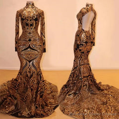 Long Sleeves Mermaid Prom Dress Gold Appliques Open Back