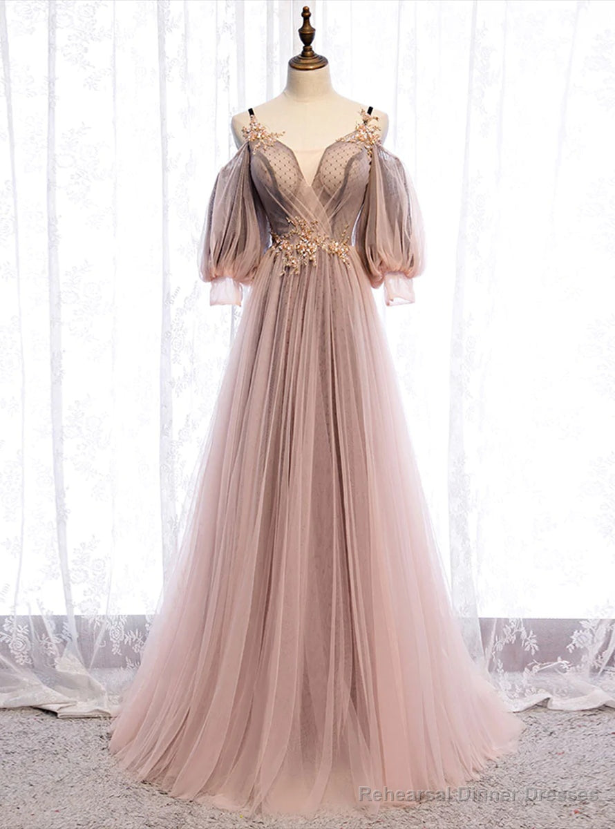 Long Sleeves Pink Tulle Long Party Dress with Lace, Pink Floor Length Prom Dress Secondary image