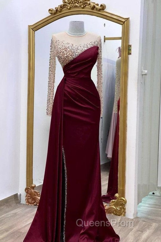 Long Sleeves Evening Prom Dress Mermaid Satin Split