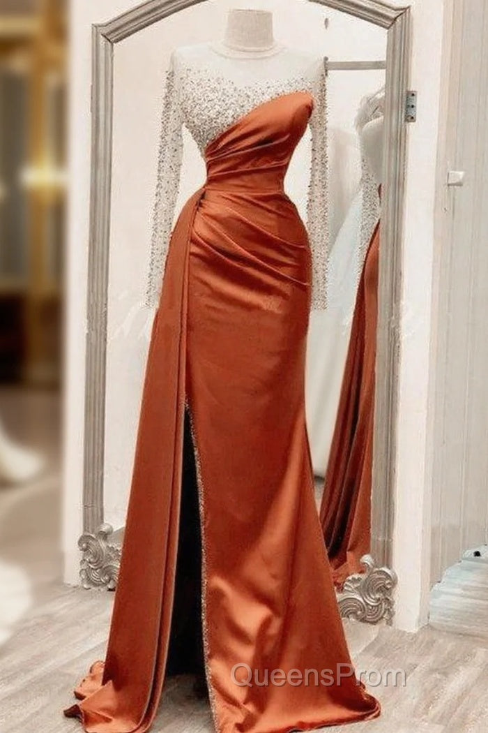 Long Sleeves Evening Prom Dress Mermaid Satin Split Main image