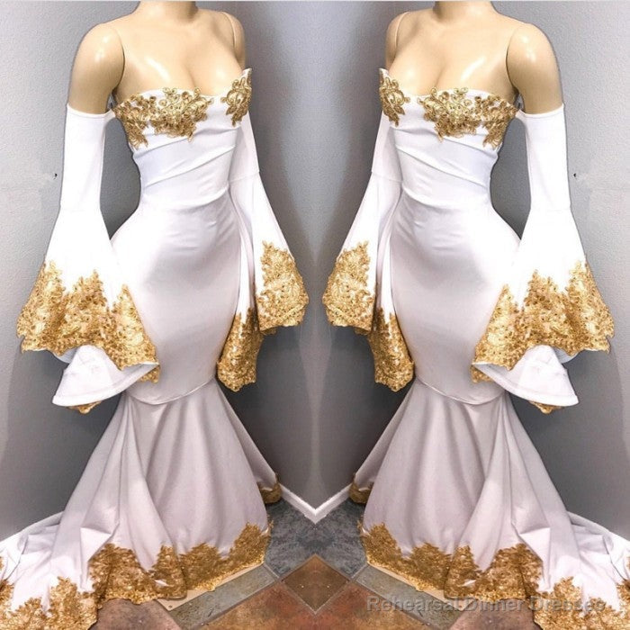 Long Sleeves Prom Party Gowns with gold appliques, mermaid evening dress