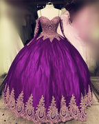 Long Sleeves Quinceanera Dress Gold Lace Appliques Off Shoulder