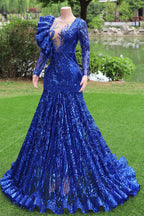 Long Sleeves Royal Blue Mermaid Ruffles V-Neck Floor Length Prom Dresses