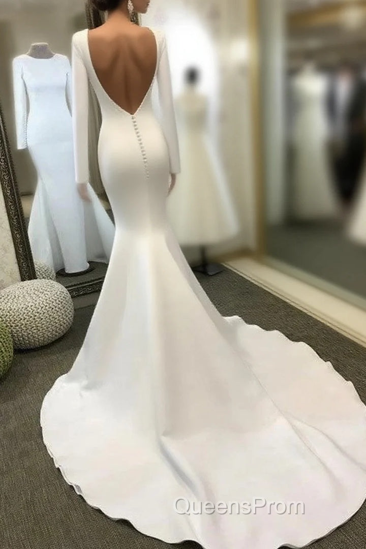 Long Sleeves Satin Wedding Dress Mermaid Open Back Main image