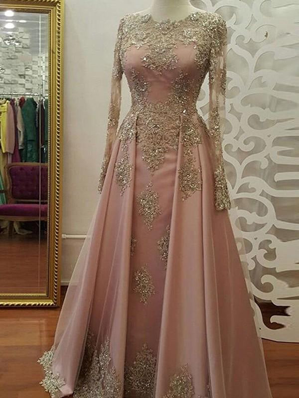 Long Sleeves Scoop Floor-Length With Applique Tulle Muslim Dress