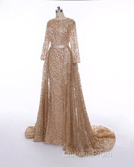 Long Sleeves Sequin Gold Mermaid Evening Prom Dress