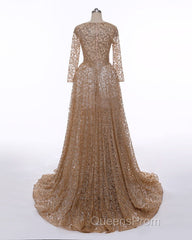 Long Sleeves Sequin Gold Mermaid Evening Prom Dress
