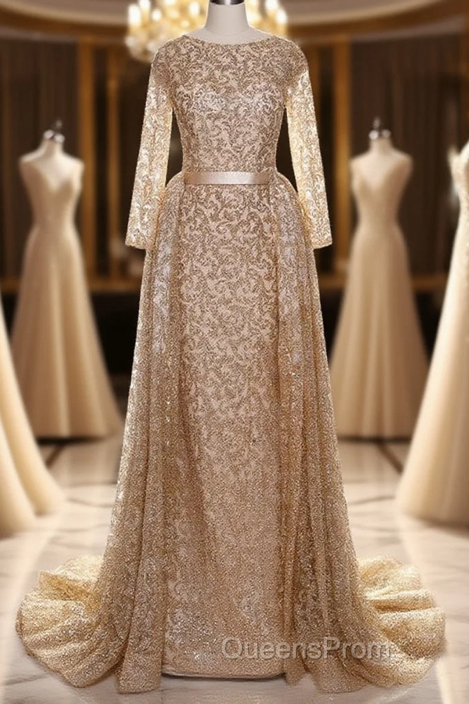 Long Sleeves Sequin Gold Mermaid Evening Prom Dress Main image
