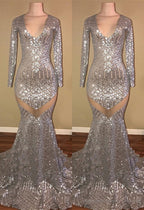 Long Sleeves Sequins Prom Party Gowns| Mermaid V-Neck Evening Gowns