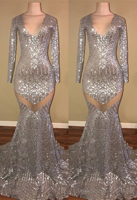 Long Sleeves Sequins Prom Party Gowns| Mermaid V-Neck Evening Gowns