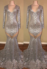Long Sleeves Sequins Prom Party Gowns| Mermaid V-Neck Evening Gowns