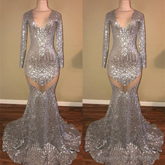 Long Sleeves Sequins Prom Party Gowns| Mermaid V-Neck Evening Gowns