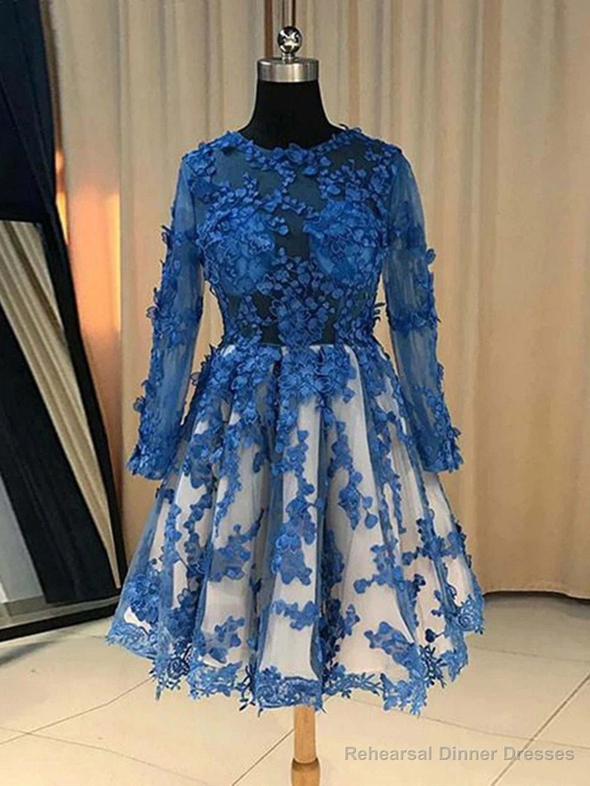 Long Sleeves Short Blue Lace Prom Dresses, Short Blue Lace Formal Homecoming Graduation Dresses Secondary image
