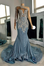 Long Sleeves Silver Dusty Blue Shiny Court Train Beaded Prom Dresss