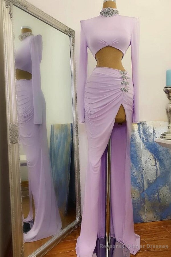 Long Sleeves Small Round Collar Prom Dress Mini Purple Beaded Long Chiffon Main image