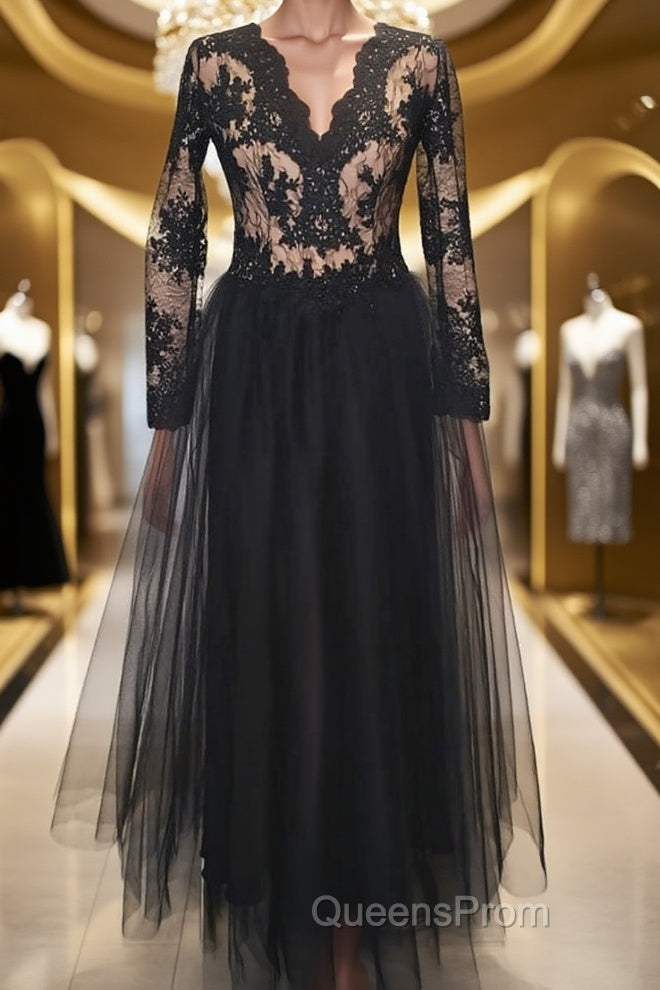 Long Sleeves V Neck Black Lace Long Evening Prom Dress, Long Sleeves Black Formal Dress, Black Lace Evening Dress Main image