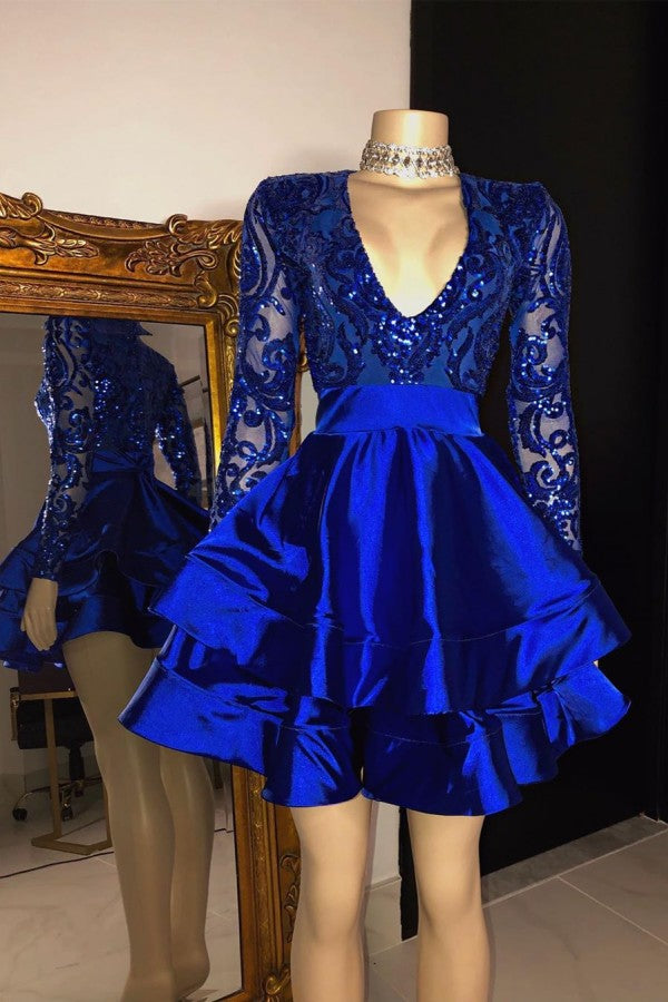 Long Sleeves V-Neck Lace Prom Dress Sequins Blue Short Main image
