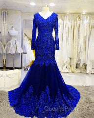 Long Sleeves V-neck Lace Evening Prom Mermaid Dress,Women Evening Dress