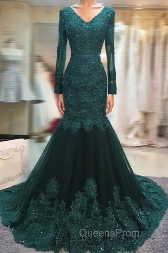 Long Sleeves V-neck Lace Evening Prom Mermaid Dress,Women Evening Dress