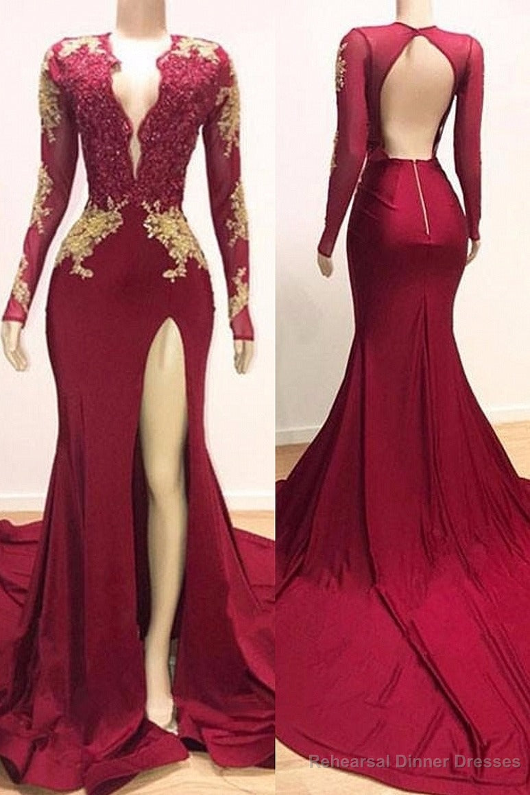 Long Sleeves V-neck Mermaid Prom Dress,Leg Split Formal Evening Dresses Secondary image