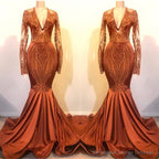 Long Sleeves V-neck Mermaid Prom Dress Sequins Gold Long Chiffon Lace