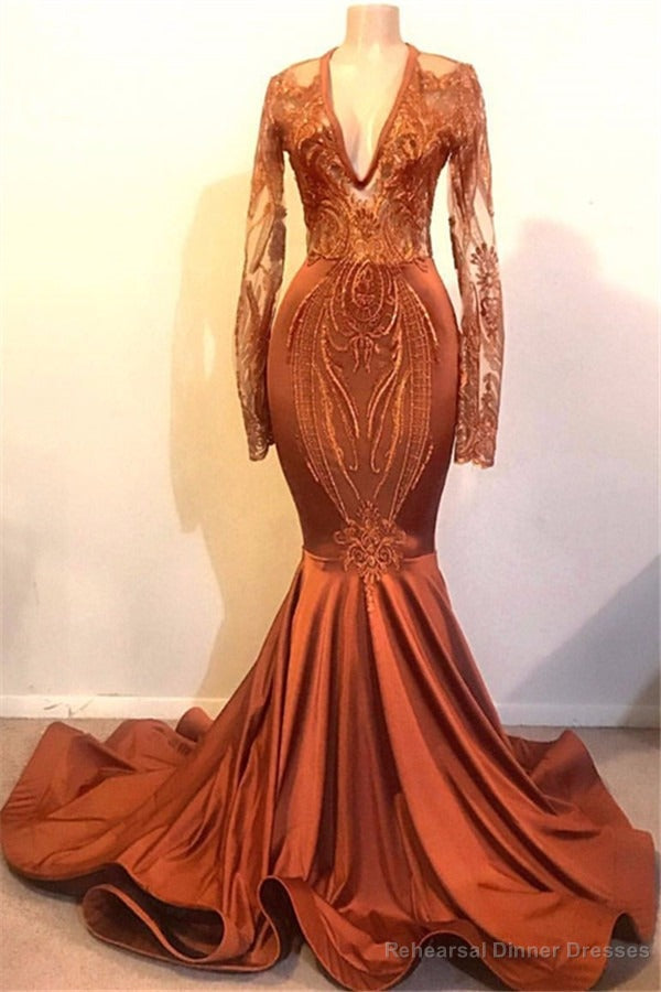 Long Sleeves V-neck Mermaid Prom Dress Sequins Gold Long Chiffon Lace Main image
