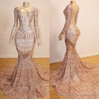 Long Sleeves V-neck Mermaid Prom Dress Sequins Long Chiffon