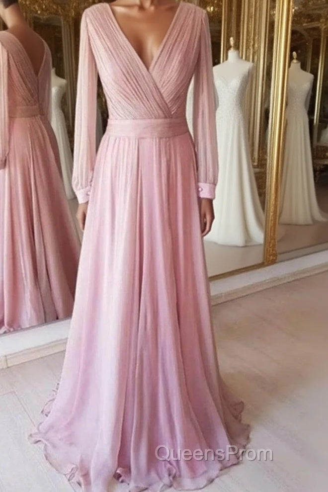 Long Sleeves V Neck Pink Chiffon Long Evening Prom Dress, Long Sleeves Pink Bridesmaid Dress, Pink Formal Evening Dress Main image