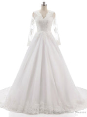 Long Sleeves V Neckline Backless Lace Appliques Wedding Gowns
