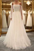 Long Sleeves White Tulle Evening Prom Wedding Dress, Long Sleeves White Tulle Formal Evening Dress