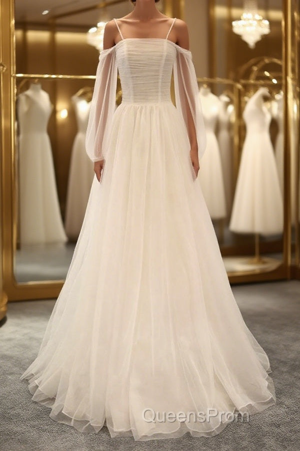 Long Sleeves White Tulle Evening Prom Wedding Dress, Long Sleeves White Tulle Formal Evening Dress