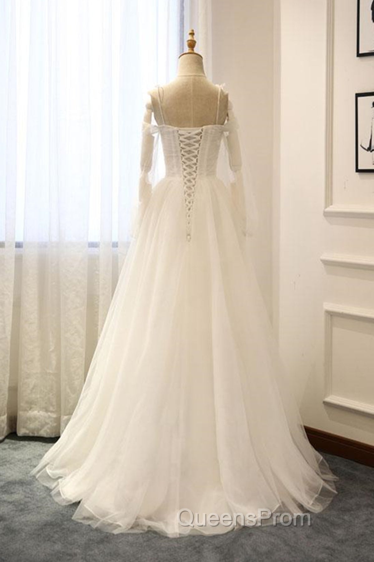 Long Sleeves White Tulle Evening Prom Wedding Dress, Long Sleeves White Tulle Formal Evening Dress Secondary image