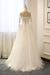 Long Sleeves White Tulle Evening Prom Wedding Dress, Long Sleeves White Tulle Formal Evening Dress