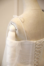 Long Sleeves White Tulle Evening Prom Wedding Dress, Long Sleeves White Tulle Formal Evening Dress